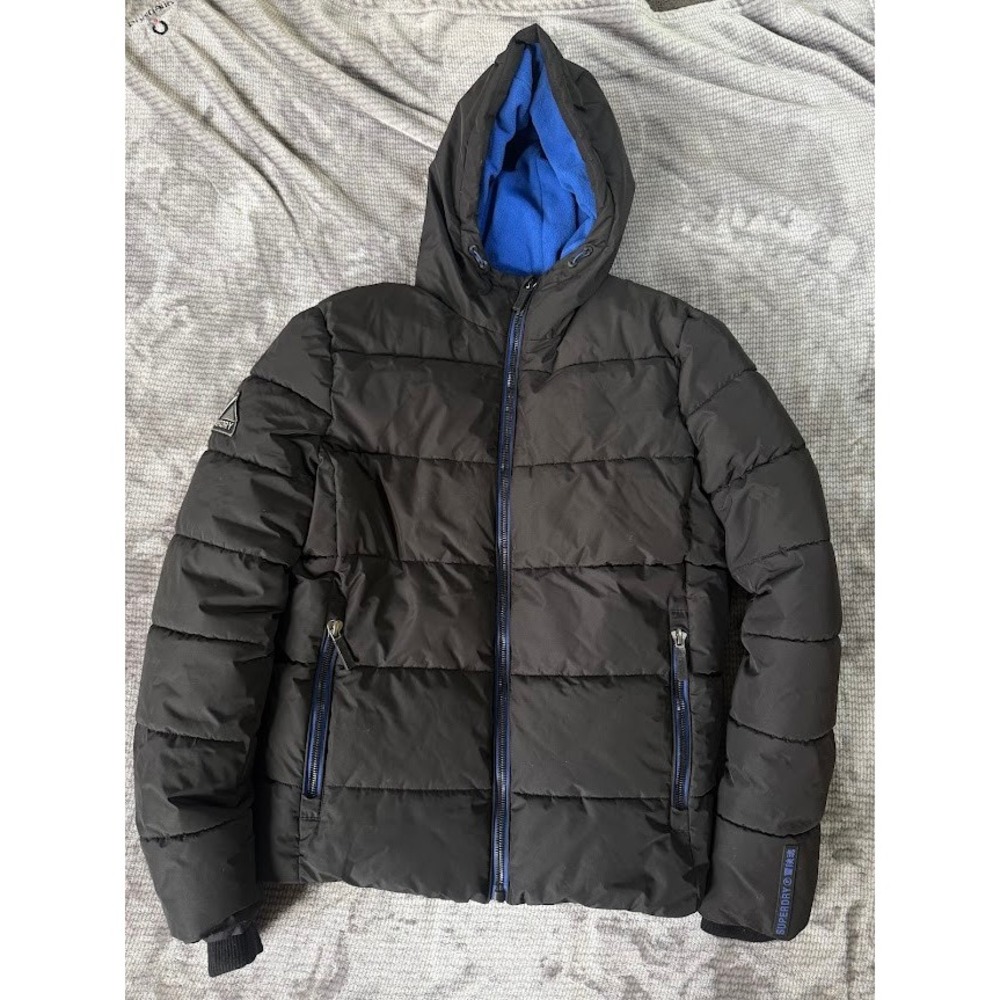 Superdry Quilted Puffer‎ Jacket Zip Black Blue Fleece Lined Hooded Mens XS